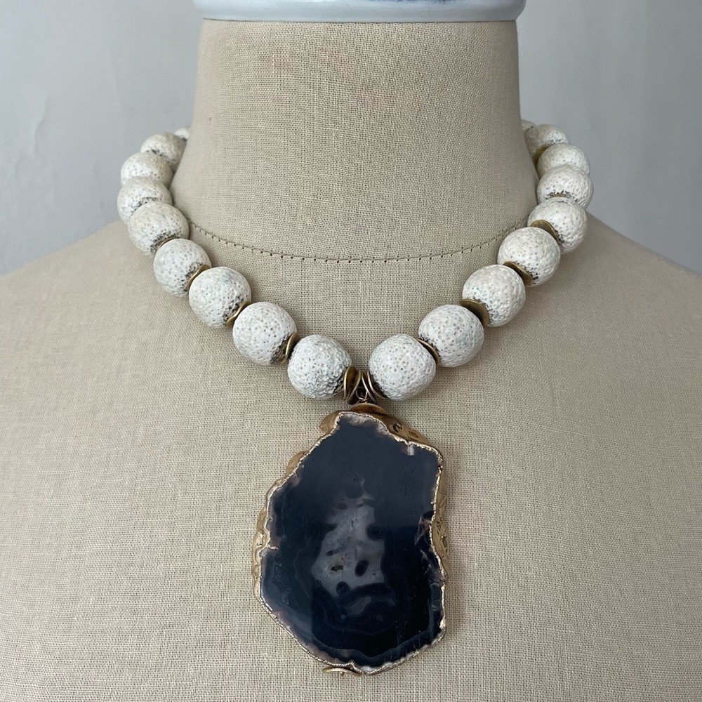 Menagerie Ivory Volcanic Stone Ball Gold Plated Black Agate Statement Necklace